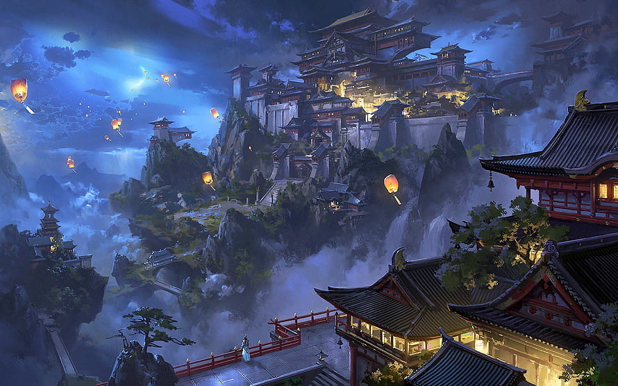Mystical East Asian Mountain Fortress at Night with Floating Lanterns and Waterfalls HD wallpaper