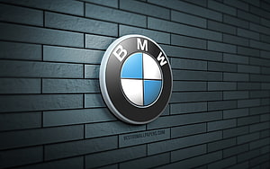 BMW 3D Emblem Mounted on Dark Blue Brick Wall HD wallpaper