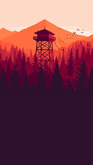 Firewatch Fire Tower Silhouette in Pine Forest at Sunset HD phone wallpaper