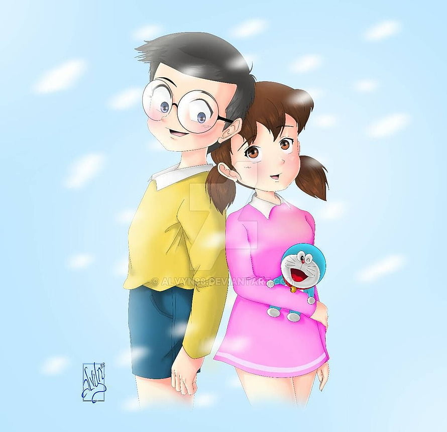 Nobita and Shizuka from Doraemon in a Cute Cartoon Illustration HD wallpaper