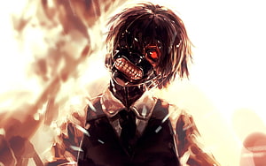 Menacing Anime Character with Glowing Red Eye and Grinning Mask in Fiery Light HD wallpaper