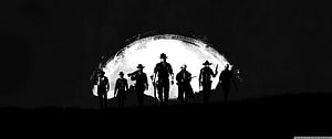 Red Dead Redemption 2 Silhouetted Gang Members Standing Before a Painted Moon HD wallpaper