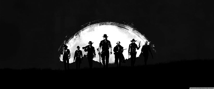 Red Dead Redemption 2 Silhouetted Gang Members Standing Before a Painted Moon HD wallpaper