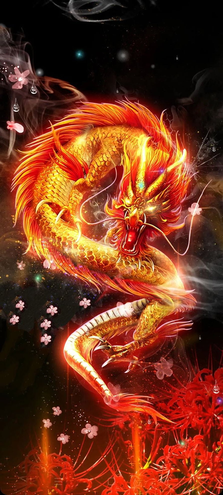 Majestic Golden Dragon Coiling Amidst Red Spider Lilies and Pink Blossoms HD phone wallpaper