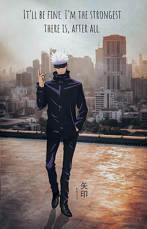 Satoru Gojo from Jujutsu Kaisen Standing on Rooftop with City Skyline HD phone wallpaper