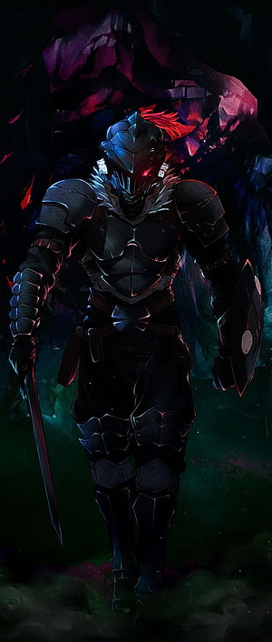 Goblin Slayer in Dark Armor with Sword and Shield in a Cavern Setting HD phone wallpaper