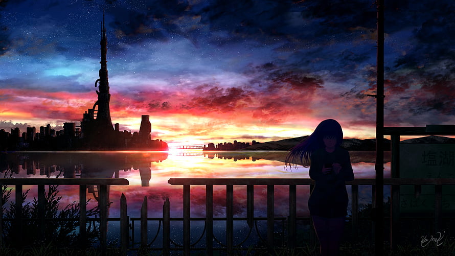 Anime Girl Watching Sunset Over Futuristic City Skyline By The Lake HD wallpaper