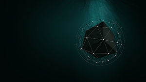 Dark Geometric Polyhedron with Wireframe Network and Mathematical Formulas on Teal Background HD wallpaper