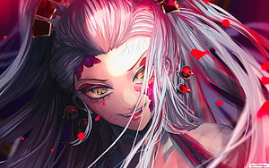 Daki from Demon Slayer with flowing silver hair and glowing red eyes in a dramatic anime portrait HD wallpaper