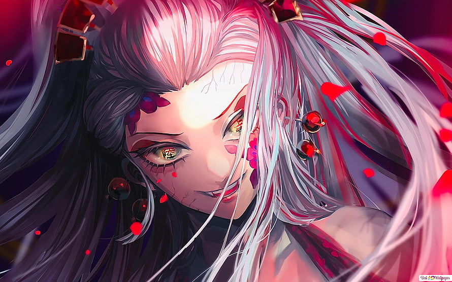Daki from Demon Slayer with flowing silver hair and glowing red eyes in a dramatic anime portrait HD wallpaper