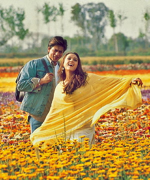 Veer Zaara Movie Scene: Couple Dancing in a Vibrant Marigold Flower Field HD phone wallpaper