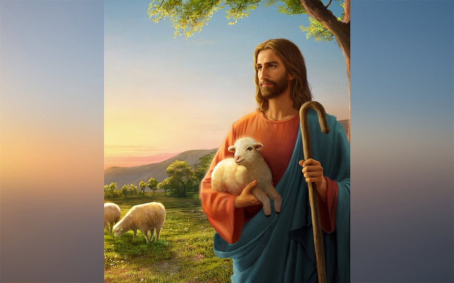 Jesus as the Good Shepherd Holding a Lamb in a Pastoral Landscape HD wallpaper