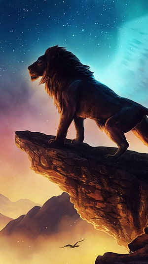 Majestic Lion Standing on Cliff Edge Under Starry Night Sky HD phone wallpaper
