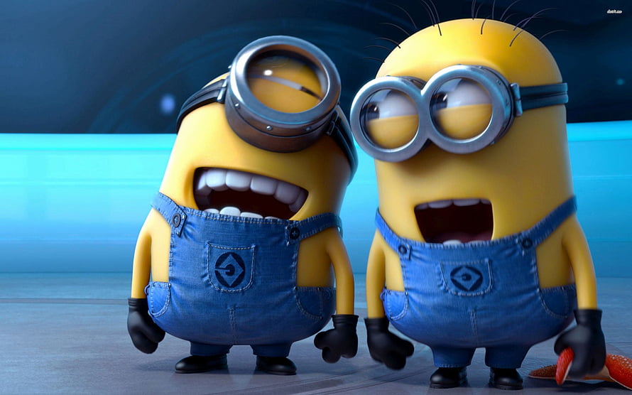 Two Minions from Despicable Me in Blue Overalls with Goggles and Wide Grins HD wallpaper