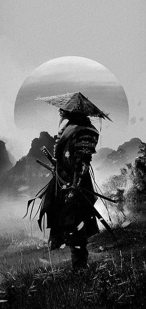 Monochrome Samurai Warrior With Straw Hat And Swords In Misty Landscape HD phone wallpaper