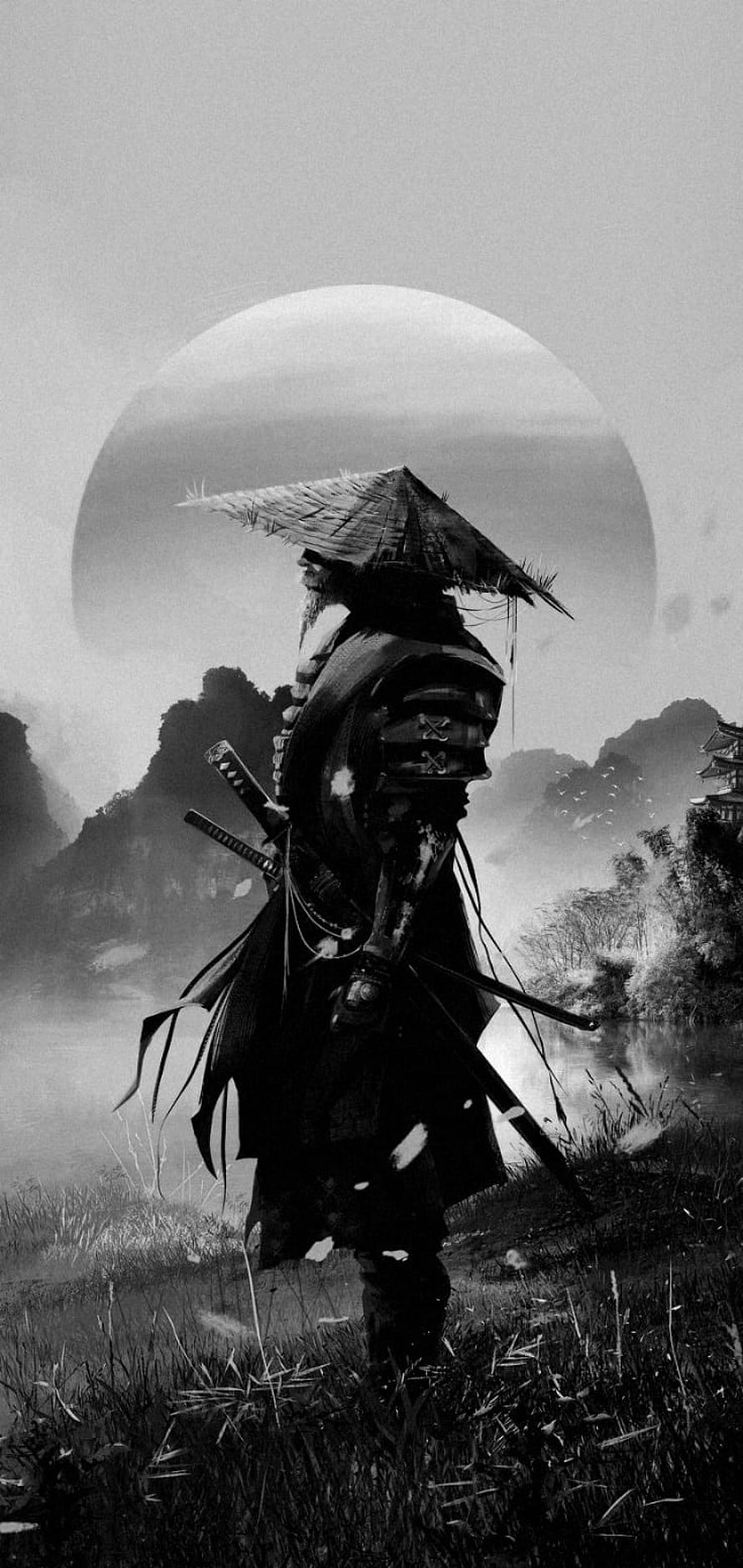 Monochrome Samurai Warrior With Straw Hat And Swords In Misty Landscape HD phone wallpaper
