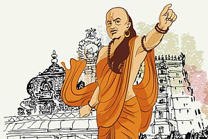 Chanakya Standing Before Ancient Temple With Pointing Gesture in Orange Robe HD wallpaper