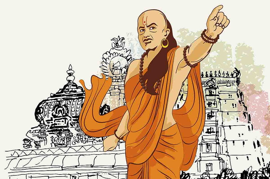 Chanakya Standing Before Ancient Temple With Pointing Gesture in Orange Robe HD wallpaper