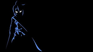 Dark Anime Character Silhouette with Glowing Blue Eyes on Black Background HD wallpaper