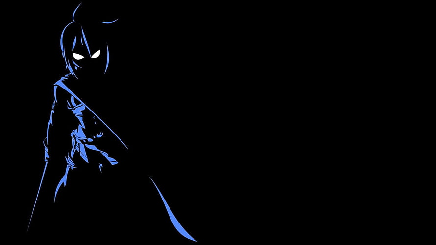 Dark Anime Character Silhouette with Glowing Blue Eyes on Black Background HD wallpaper