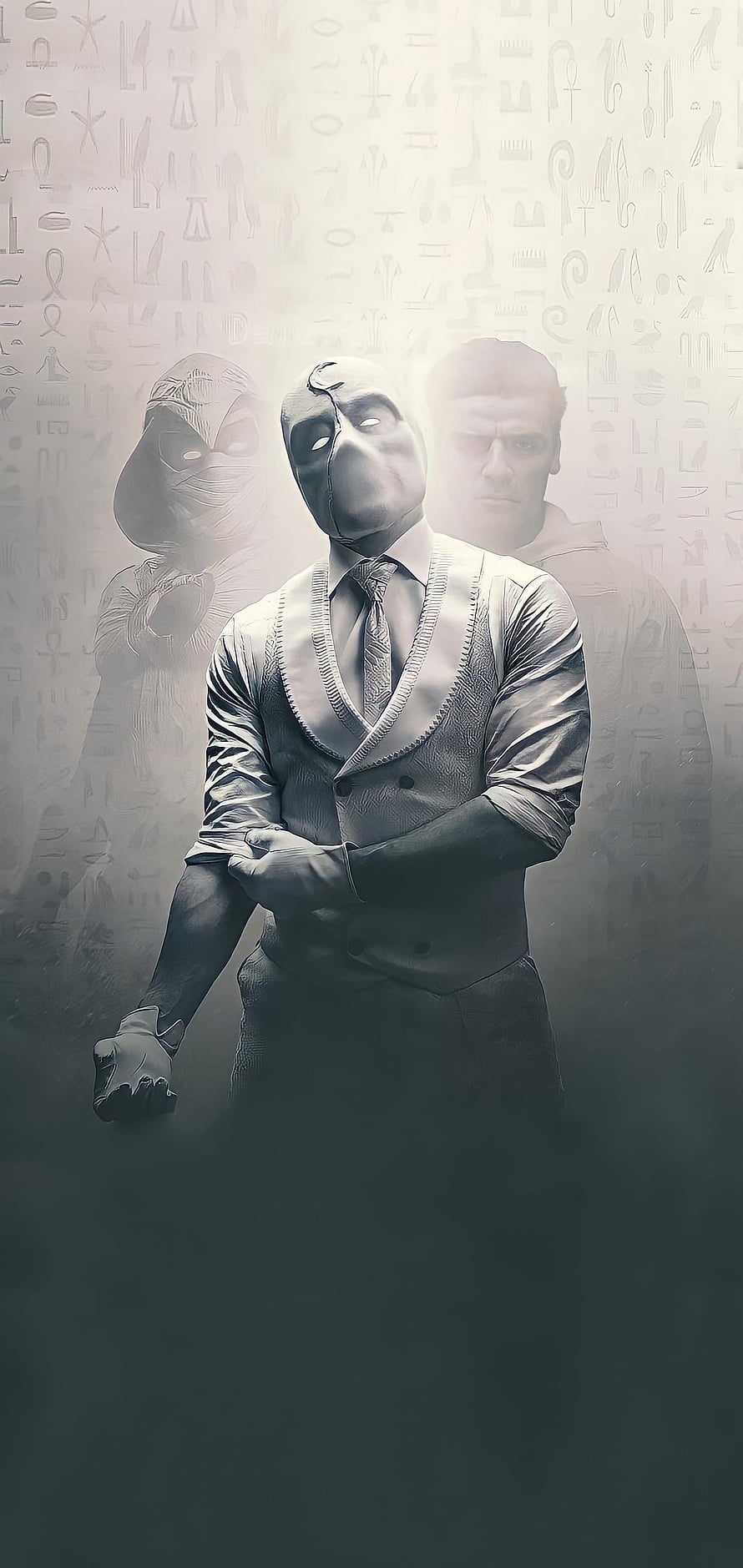 Rorschach from Watchmen in a monochrome suit with question mark mask and Egyptian hieroglyphs background HD phone wallpaper