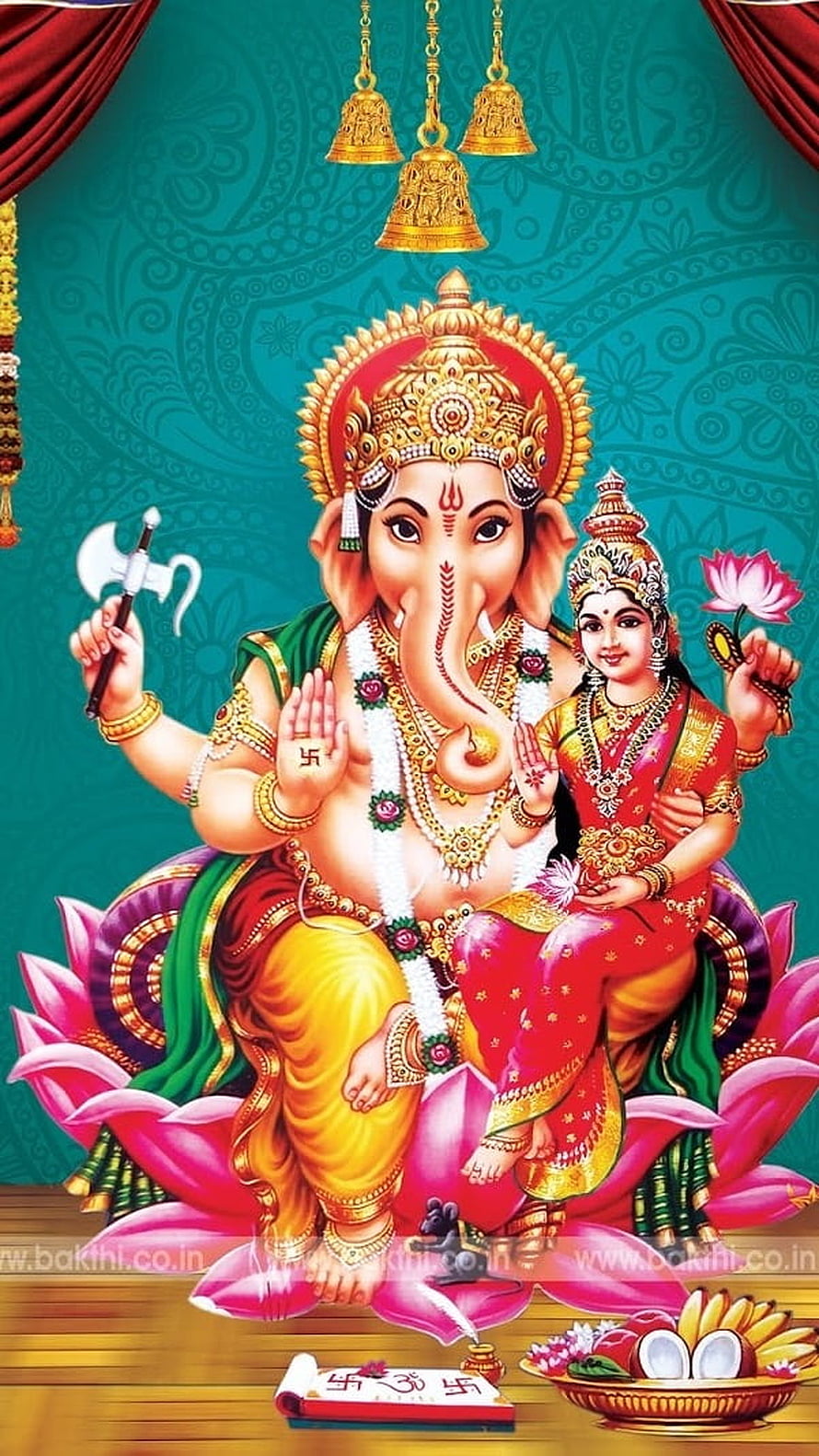 Lord Ganesha and Riddhi Siddhi Seated on Lotus with Axe and Modak Offering HD phone wallpaper