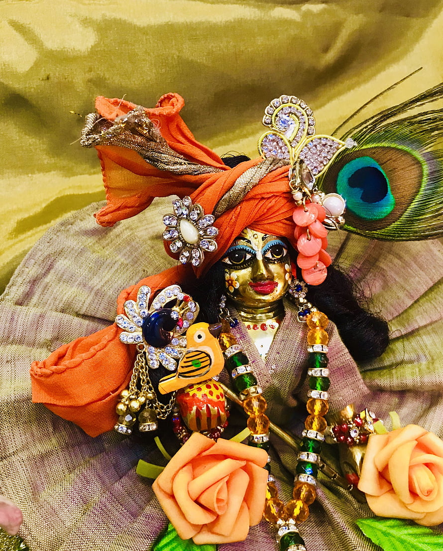 Ornate Krishna Doll with Peacock Feather, Jewelry, and Rose Decorations HD phone wallpaper