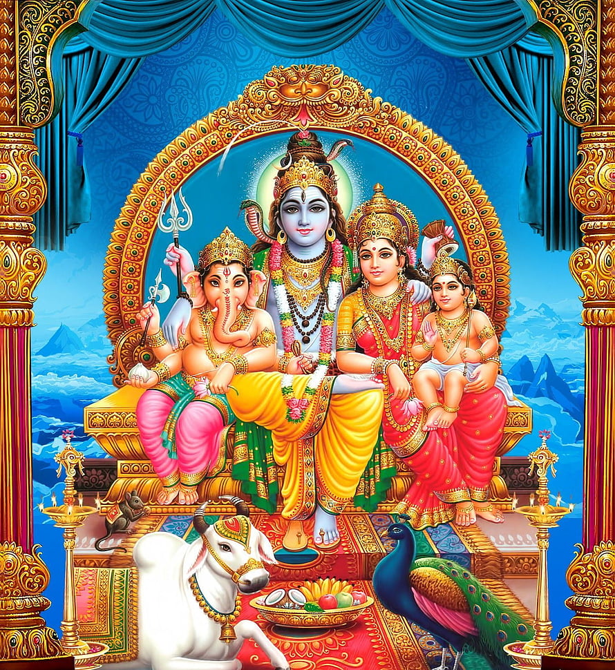 Lord Shiva with Parvati, Ganesha, and Kartikeya in Divine Family Portrait HD phone wallpaper