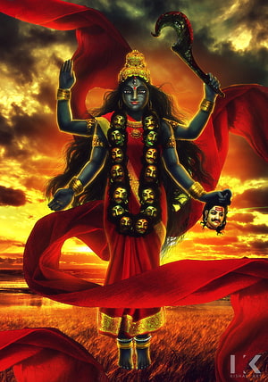 Maa Kali Hindu Goddess Digital Art with Garland of Heads and Trishula HD phone wallpaper