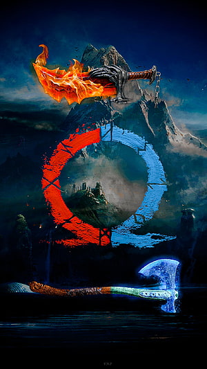 God of War Ragnarok Dual Blades of Chaos and Leviathan Axe Fantasy Art HD phone wallpaper