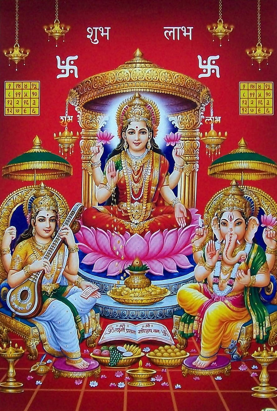 Lakshmi Ganesha Saraswati Hindu Deity Painting with Om Symbols and Golden Offerings HD phone wallpaper