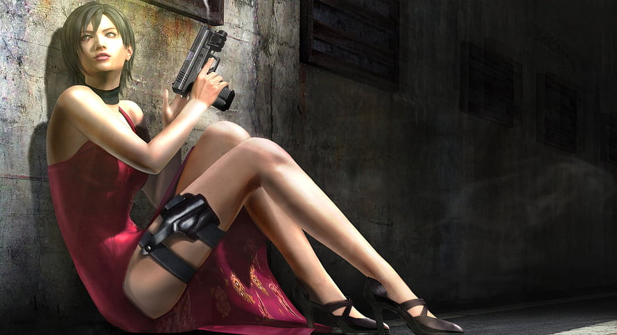 Ada Wong in Red Dress Holding Pistol in Dark Alleyway HD wallpaper