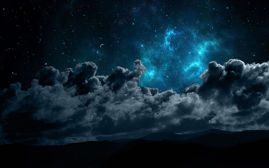 Mystical Night Sky with Glowing Blue Nebula and Dark Clouds Over Mountains HD wallpaper