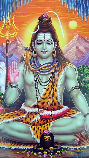 Lord Shiva Sitting in Meditation with Trishul and Shiva Lingam Wallpaper HD phone wallpaper