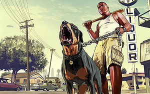 CJ and Chop from Grand Theft Auto San Andreas standing on a sunny street with a baseball bat and chain leash HD wallpaper