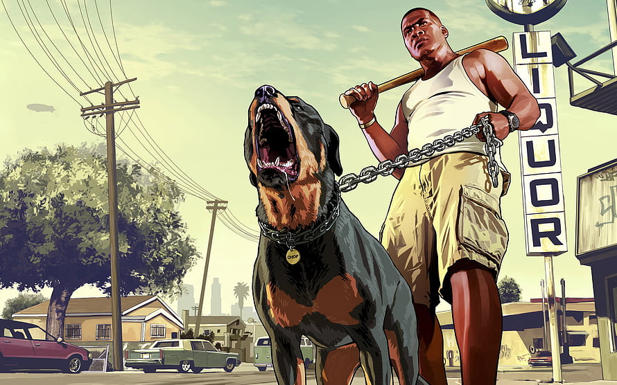 CJ and Chop from Grand Theft Auto San Andreas standing on a sunny street with a baseball bat and chain leash HD wallpaper