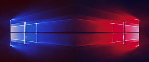 Windows 10 Dual-Color Neon Logo with Blue and Red Geometric Light Panels HD wallpaper