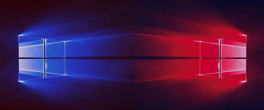 Windows 10 Dual-Color Neon Logo with Blue and Red Geometric Light Panels HD wallpaper