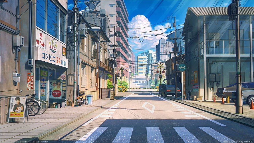 Sunny Japanese Street Scene Anime Style Wallpaper With Convenience Store And Blue Sky HD wallpaper