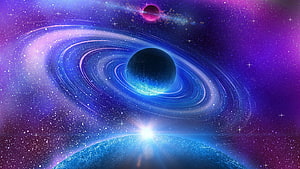 Vibrant Cosmic Scene Featuring Ringed Planet, Glowing Star, and Deep Purple Nebula HD wallpaper