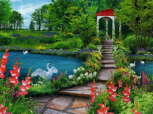 Enchanting Garden Pathway with Red Roof Gazebo, Swan Pond, and Vibrant Gladiolus Flowers HD wallpaper