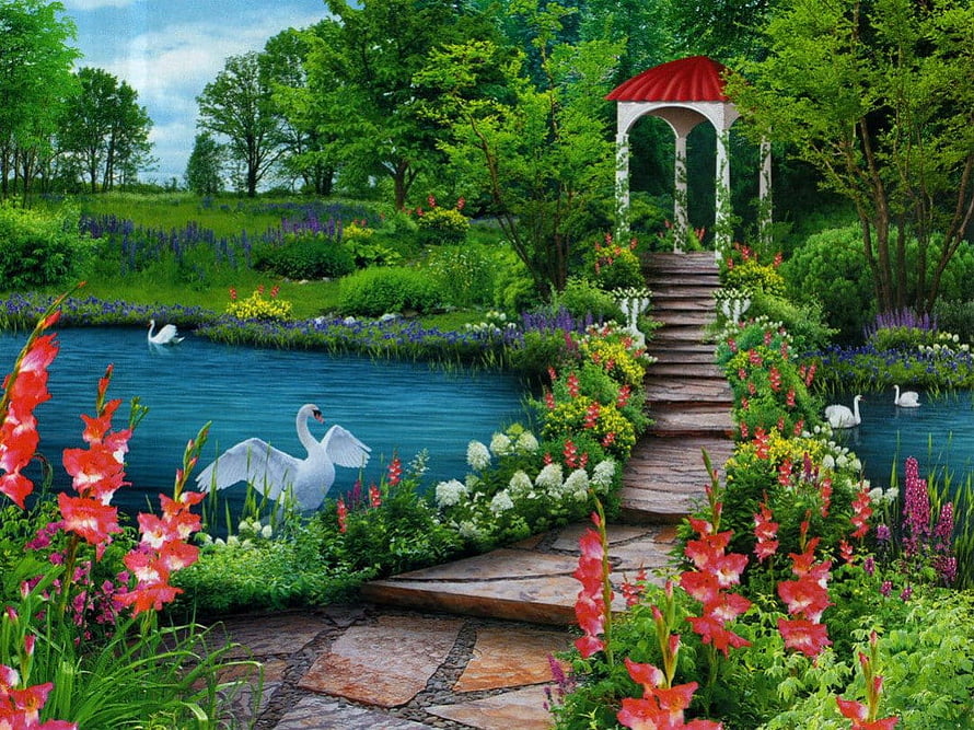 Enchanting Garden Pathway with Red Roof Gazebo, Swan Pond, and Vibrant Gladiolus Flowers HD wallpaper