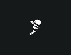 Minimalist White Silhouette of Monkey D. Luffy Wearing a Straw Hat on a Dark Background HD wallpaper