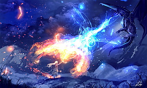 Epic Fantasy Battle: Sorceress and Dragon Clashing with Fire and Ice Magic HD wallpaper