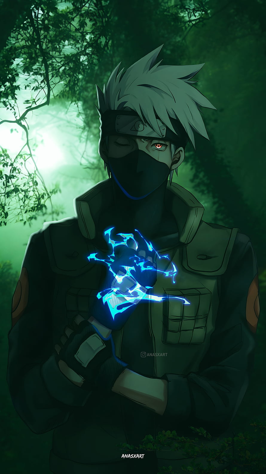Kakashi Hatake channeling blue chakra in a misty forest with Sharingan active HD phone wallpaper