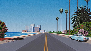 Southern Way by Hiroshi Nagai: Retro Coastal Highway with Vintage Car and Palm Trees HD wallpaper
