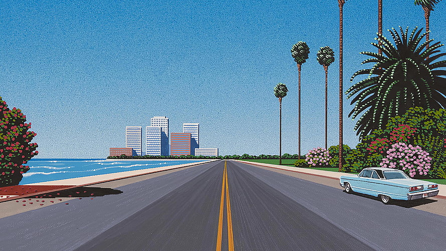 Southern Way by Hiroshi Nagai: Retro Coastal Highway with Vintage Car and Palm Trees HD wallpaper