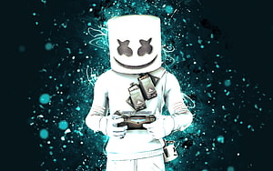 Marshmello DJ Character Holding Gaming Controller With Neon Blue Background HD wallpaper