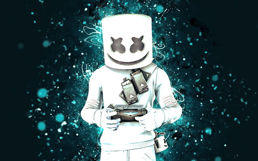 Marshmello DJ Character Holding Gaming Controller With Neon Blue Background HD wallpaper
