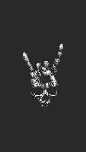Black and White Skull Hand Rock On Gesture Tattoo Style Illustration HD phone wallpaper
